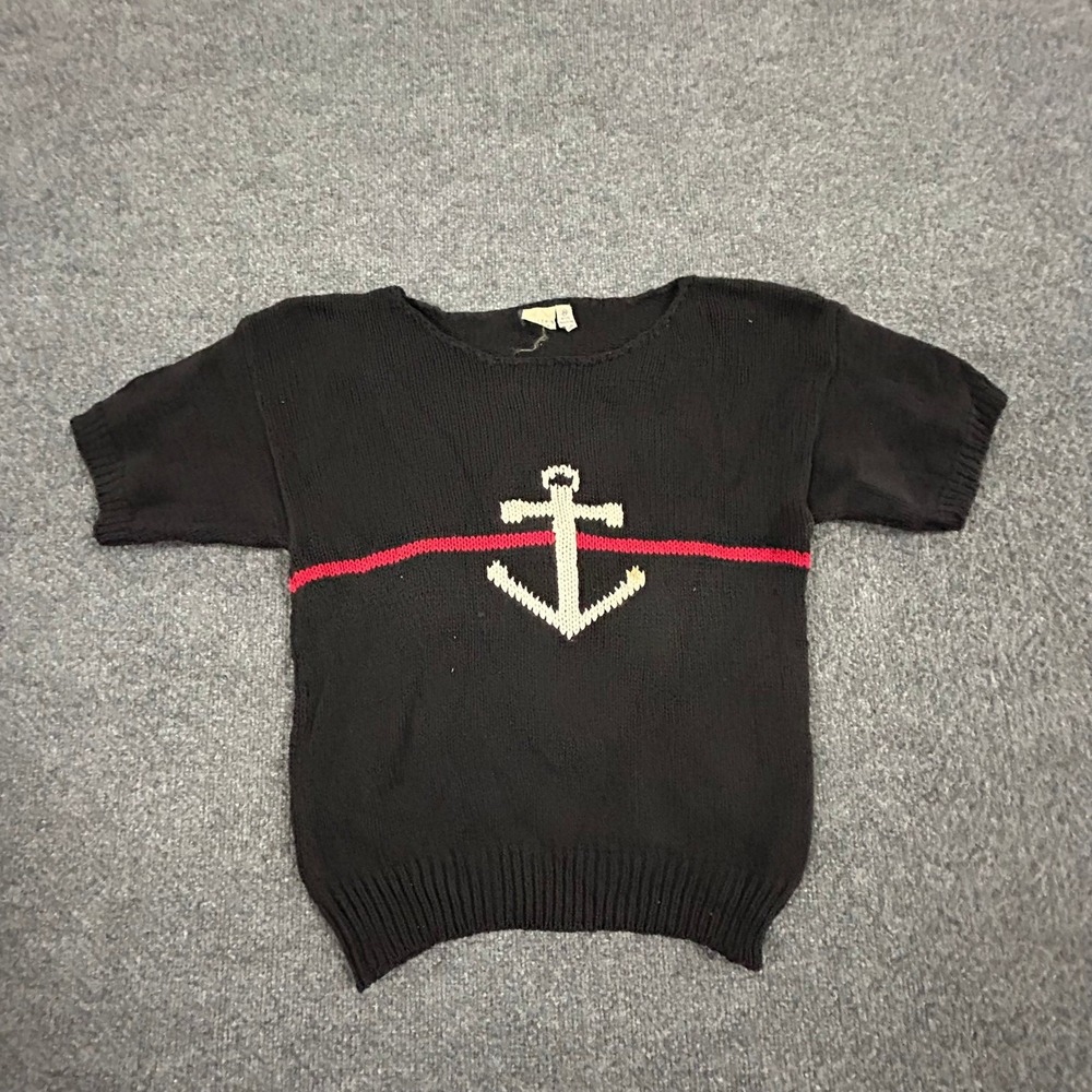 J.G. Hook Sweater Womens Petite Black Cotton Nautical Anchor Short Sleeve Vtg